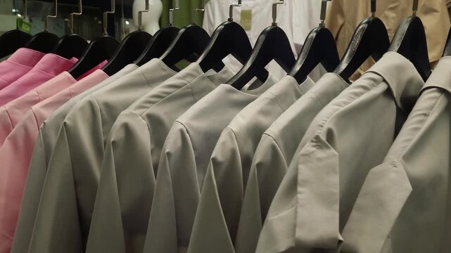 A row of medical gowns, hospital uniforms t-shirt hanging on hangers in a clothing store, close up. Clothing for doctor oк nurse in shopping center. 
