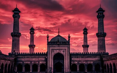 Fototapeta premium A serene mosque with its minarets silhouetted against a sunset