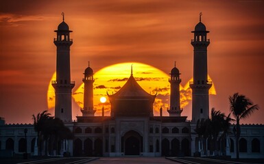 A serene mosque with its minarets silhouetted against a sunset