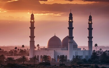 Naklejka premium A serene mosque with its minarets silhouetted against a sunset