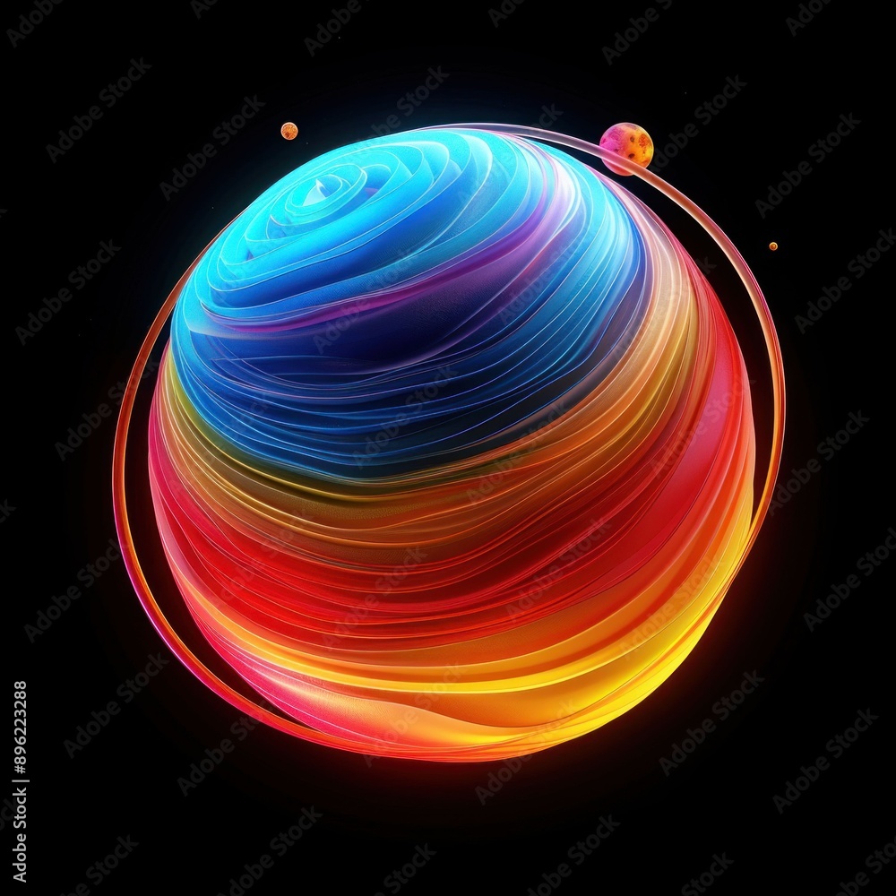 Poster colorful abstract sphere with orbiting planets on black background. generative ai.