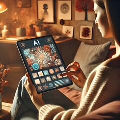 A woman sitting in a cozy, modern room, using a tablet with AI software to generate digital art. The screen shows various artistic designs and prompts. The environment is warm, with creative decor.