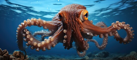 portrait of common octopus with blue sea underwater background