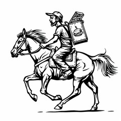 Fototapeta premium Express Delivery.K on horseback A courier riding a horse and carrying a large box behind his back. The original way. Black and white drawing in engraving style. Drsign for cover, card, decor or print.