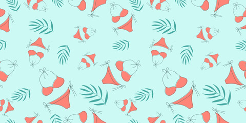 Seamless pattern with tropical summer elements on blue background for fabric, drawing labels, print on t-shirt, wallpaper of children's room, vacation, holiday or summer design.  © taniKoArt