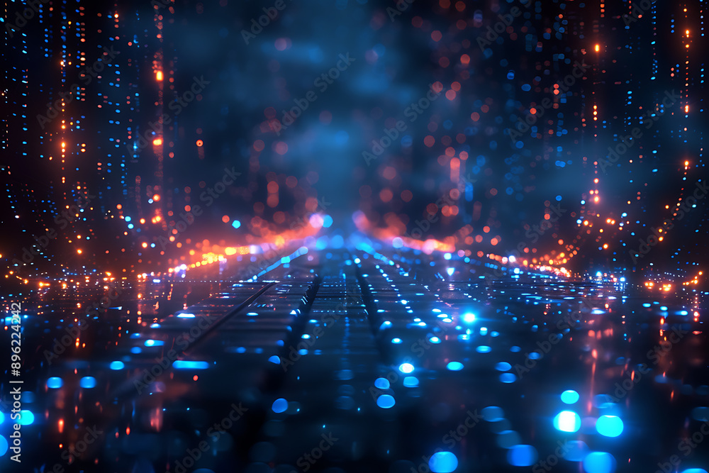 Poster a binary background with dark blue and touches of neon highlights creating a technological and futur