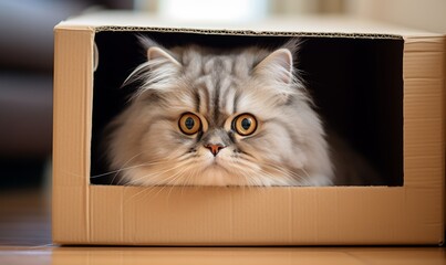 Lovely tabby fluffy fur cat playing in the paper box , 