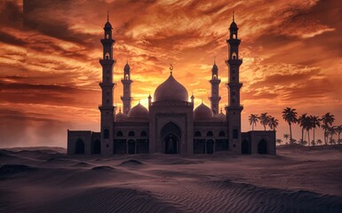 A serene mosque with its minarets silhouetted against a sunset