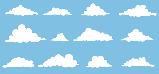 Collection of illustrations of white clouds. Vector set of cartoon clouds in flat design.
