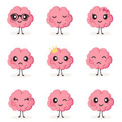 Set of cartoon pink brain mascots. Cute baby brain with different facial expression training. Collection of mind emoticons. Flat vector illustration.