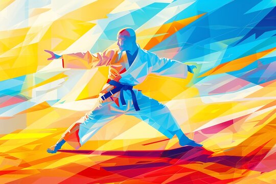 vivid abstract illustration of person doing judo, the concept of sport and competition,judo sportman in active dinamic pose on abstract colorfull background