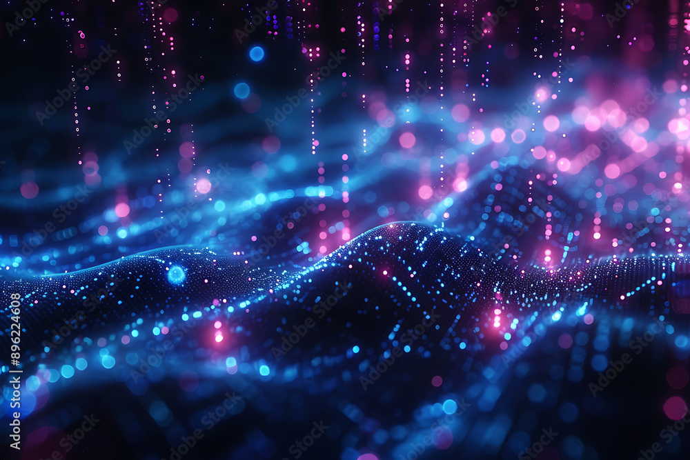 Poster a binary background with dark blue and touches of neon highlights creating a technological and futur