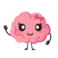 Cute happy brain illustration. Flat cartoon design of human organ mascot icon. Nutrition, brain training, mind care, mindfulness, healthy.