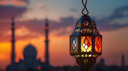 Obraz premium Ramadan Lantern with Mosque Silhouette at Sunset