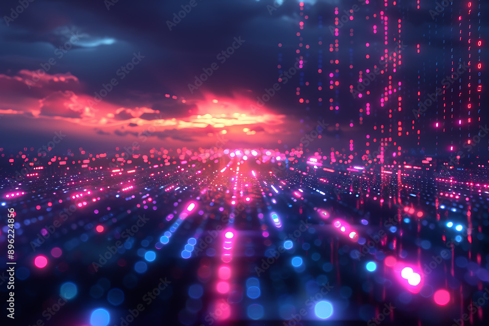 Poster a binary background with dark blue and touches of neon highlights creating a technological and futur