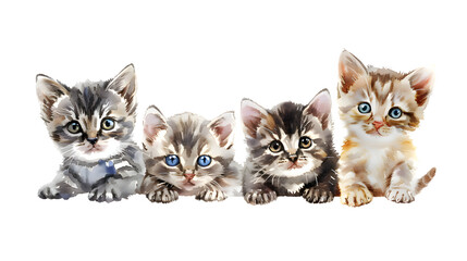 Watercolor cute cats isolated on transparent background