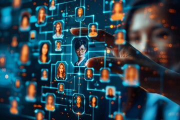 Close-up of a businessman's hand using a holographic screen to attract a photo of beautiful people with AI recruitment technology.