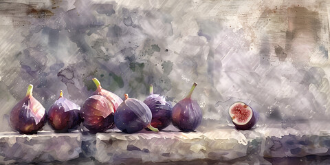 watercolor fig fruits on the stone, fresh fig stones, generative AI