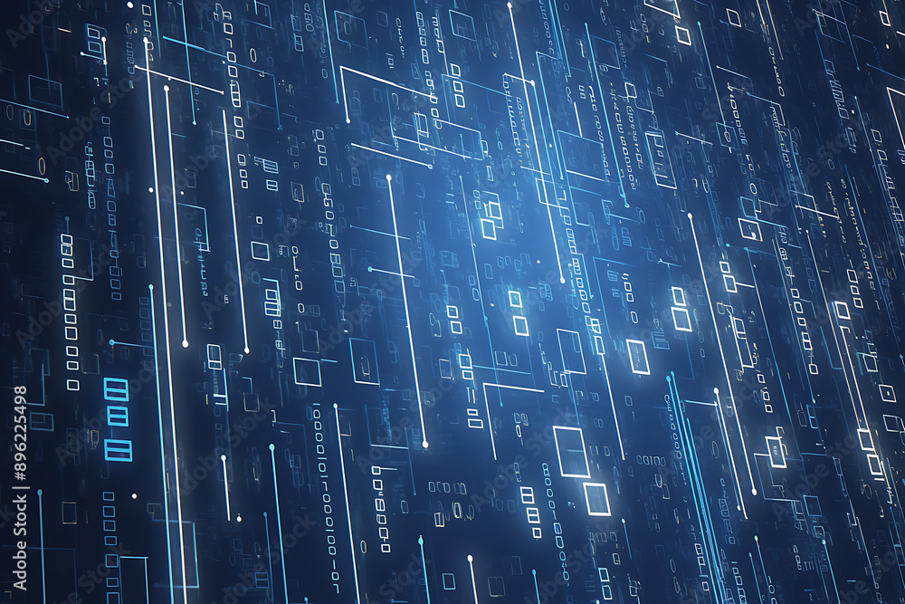 Poster a binary background with dark blue and touches of neon highlights creating a technological and futur