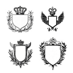 Vintage set of engraving medieval royal coat of arms, shields with crowns, laurel wreaths and wings