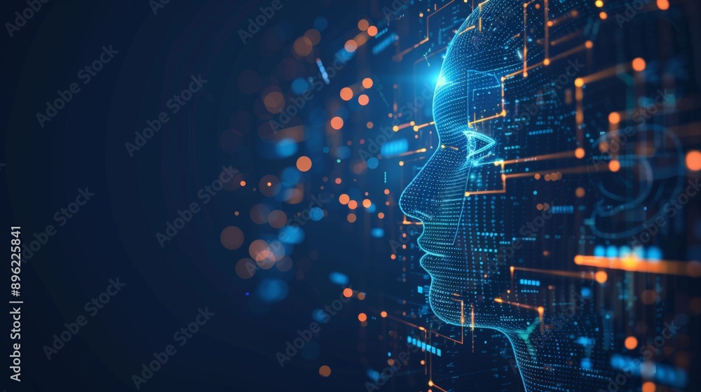 Aufkleber Futuristic AI digital interface showing a glowing humanoid profile with circuits and connections. Ideal for technology and artificial intelligence themes.