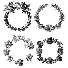 Vintage set of laurel wreaths. Woodcut engraving style illustration. Isolated.