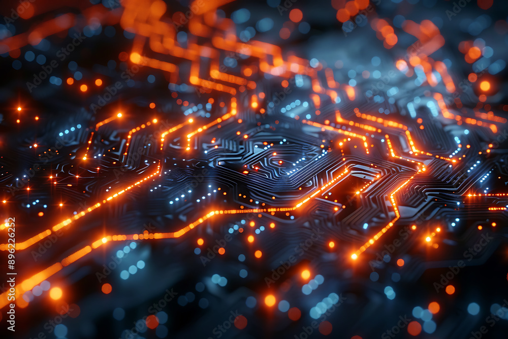 Poster a binary background with dark blue and touches of neon highlights creating a technological and futur