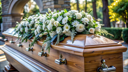 A serene and solemn funeral scene features a coffin adorned with a profusion of white flowers, resting on a pedestal, amidst a dignified church or cemetery setting.