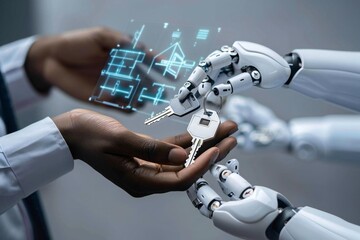 New futuristic idea: The hands passing keys are now robotic, with holographic screens displaying information about the new apartment.  Close-up Of Hands Giving Keys