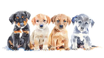  Group of cute puppies dogs sitting in a row watercolor illustration isolated on transparent background