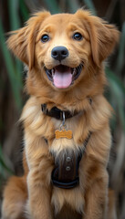 Fototapeta premium Filhote de Golden Retriever Feliz com Colete Guia em Fundo Branco com Luz Natural, IA Generativa