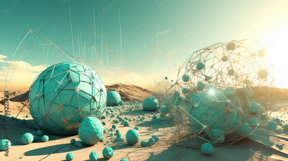 Aufkleber Abstract scfi-fi landscape with connected 3D balls and molecular grid structure. Futuristic surreal abstraction.
