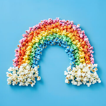 A colorful popcorn rainbow flat lay on a blue background.
