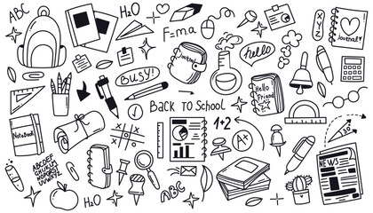 School stationery and Art Supplies doodle set. Vector illustration in line. Back to school.