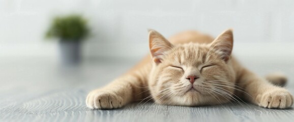 British Shorthair cat stretching in a sun-drenched room, spacious copy space