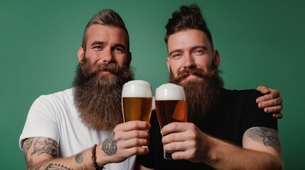 Two stylish bearded men clinking beer glasses on green studio background, male friendship and celebration
