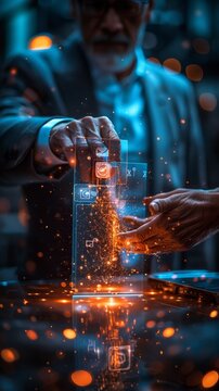 Digital Business cards businessman holds a smartphone over the card, projecting holograms. Payment transaction online gateway e commerce. Debit card point of sale and hands of restaurant.