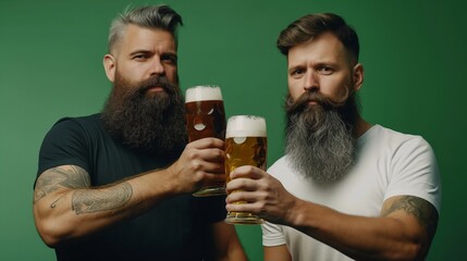 Two bearded men drinking beer and clinking glasses on green studio background, celebrating Oktoberfest party in pub