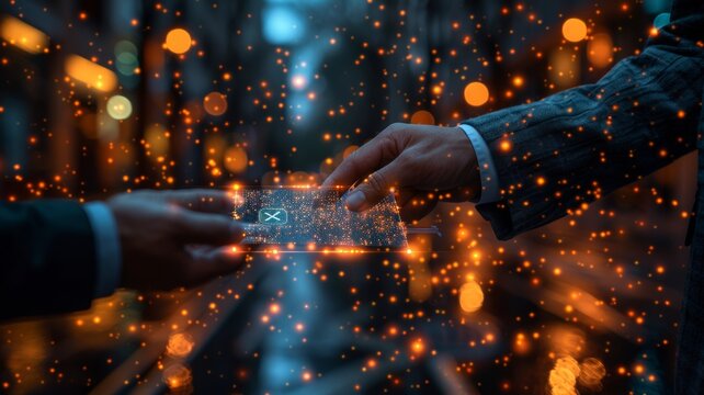 Digital Business cards businessman holds a smartphone over the card, projecting holograms. Payment transaction online gateway e commerce. Debit card point of sale and hands of restaurant.