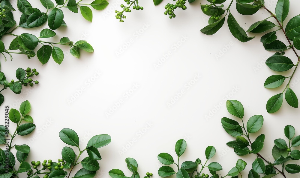 Aufkleber a minimalist background featuring green leaves arranged in a circular pattern on a beige surface.