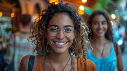 A realistic photograph, 8K resolution, shot on professional DSLR camera, tack-sharp focus, exquisite detail, high dynamic range, A lively photo of friends walking together at a cafe, smiling 