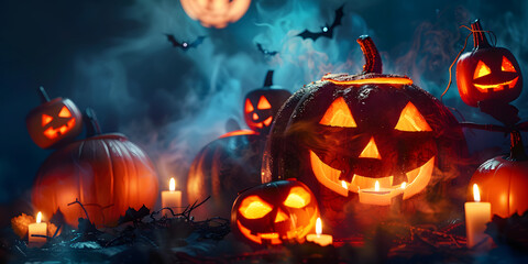 Fototapeta premium Halloween pumpkin head jack lantern with burning candles