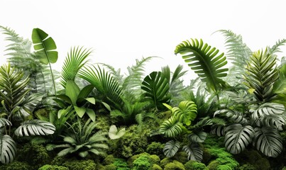 A lush tropical rainforest garden with various types of moss, ferns, and large green leaves.