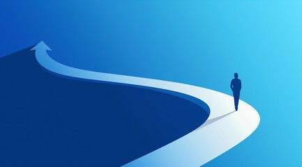 A man stands on the arrow of an upward curved path in a blue background.