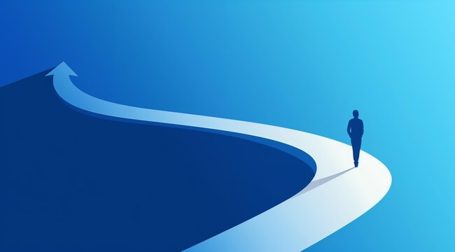 A man stands on the arrow of an upward curved path in a blue background.