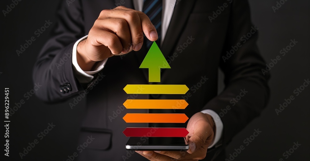 Poster a businessman in a suit holds a smartphone displaying a colorful upward arrow icon, representing gro