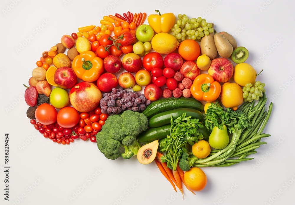 Aufkleber an assortment of colorful fruits and vegetables arranged in a brain-like shape on a white background