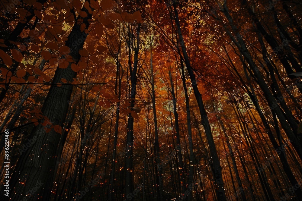 Poster a group of tall trees standing together in a dense forest