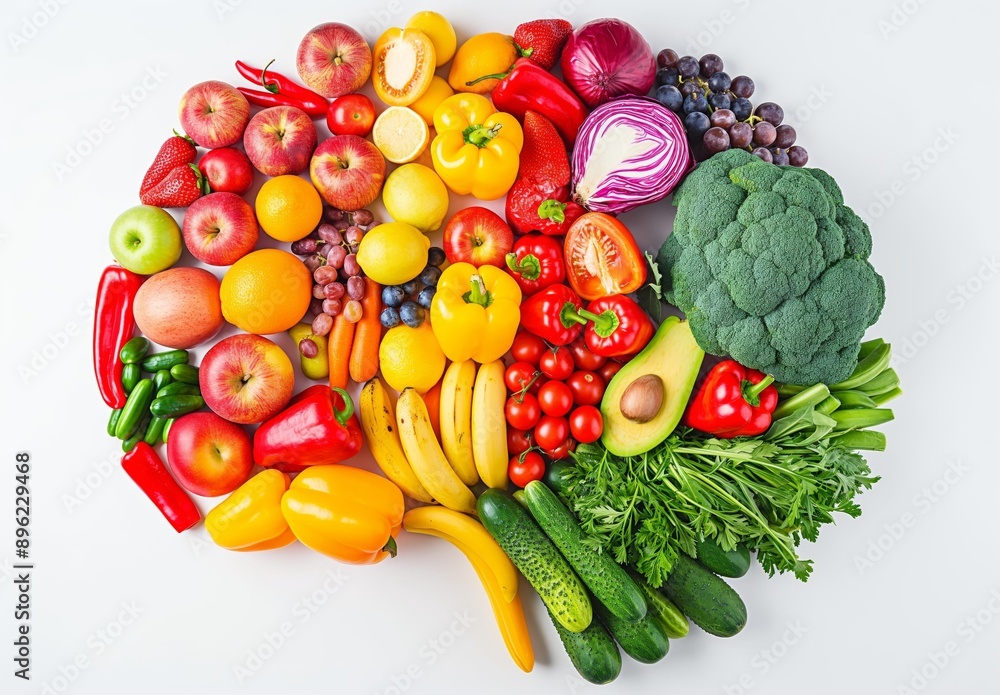 Aufkleber an assorted array of colorful fruits and vegetables arranged on a white background, showcasing the f