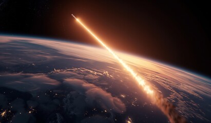 Rocket launching into space leaving a bright light trail over the Earth.